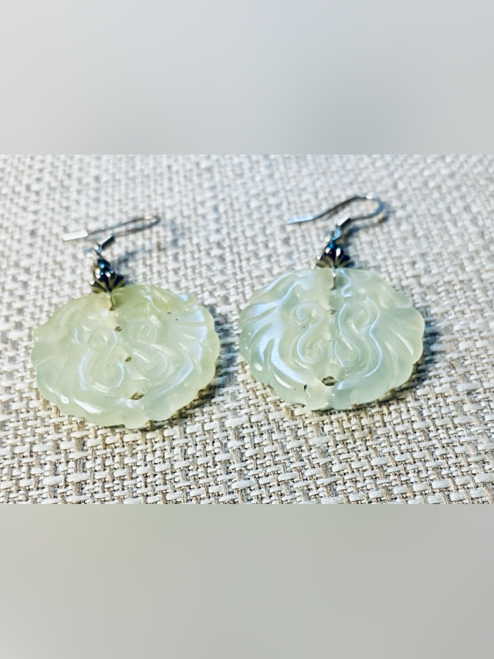 Hand-Carved Pale Green Jade Drop Earrings - Picture 3 of 4